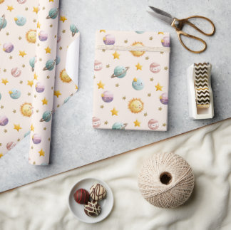 Mooipapier met planeten en sterren voor in de ruim cadeaupapier