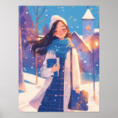 Moois meisje loopt op winterstraat poster (Voorkant)