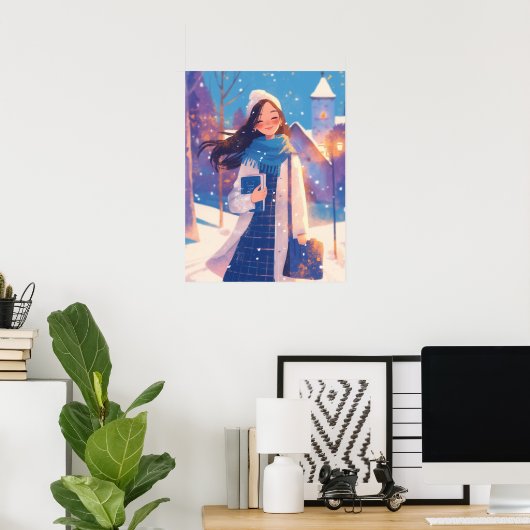 Moois meisje loopt op winterstraat poster (Thuiskantoor)