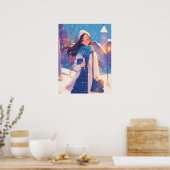 Moois meisje loopt op winterstraat poster (Keuken)