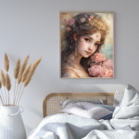 Moois Meisje met Roze Rozen Poster