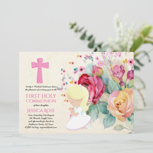 Mooiste Eerste Heilige Communie Uitnodigingen Bloe (Staand voorkant)