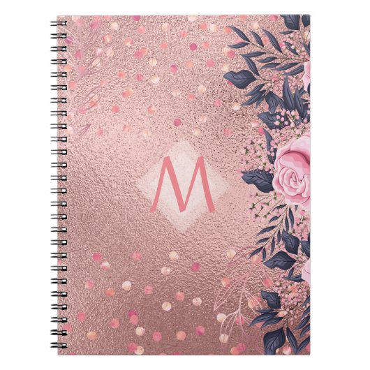 Mooiste ROZE GOUD Roze Blauwe Bloem MONOGRAMME Notitieboek (Voorkant)