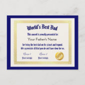 Mooiste Vader Certificaat van de Hilarische Wereld Briefkaart (Voorkant)