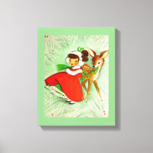 Mooiste Vintage Kerst Herten & Meisje Canvas Afdruk