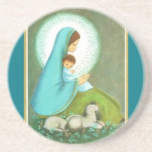 Mooiste Vintage Midden van de eeuw Madonna & Kind Zandsteen Onderzetter