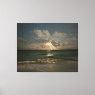 Moon achter wolken over oceaan met golven canvas afdruk