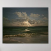 Moon achter wolken over oceaan met golven canvas p poster (Voorkant)