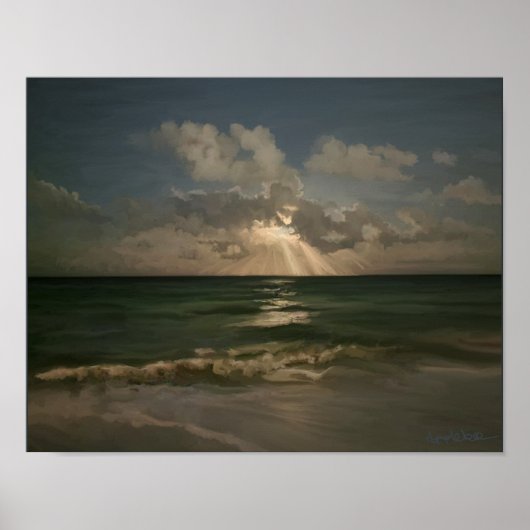 Moon achter wolken over oceaan met golven canvas p poster (Voorkant)
