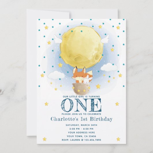 Moon Air Balloon Stars Glitter Verjaardag Kaart (Voorkant)