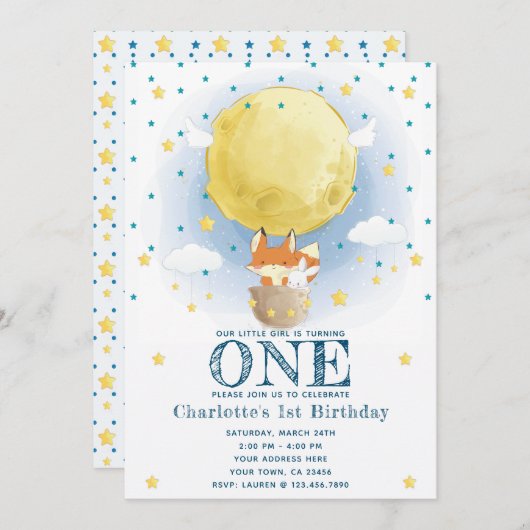 Moon Air Balloon Stars Glitter Verjaardag Kaart (Voorkant / Achterkant)