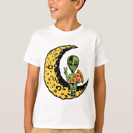 Moon Alien Eating Pizza Vrede Kostuum Grappige Hal T-shirt (Voorkant)
