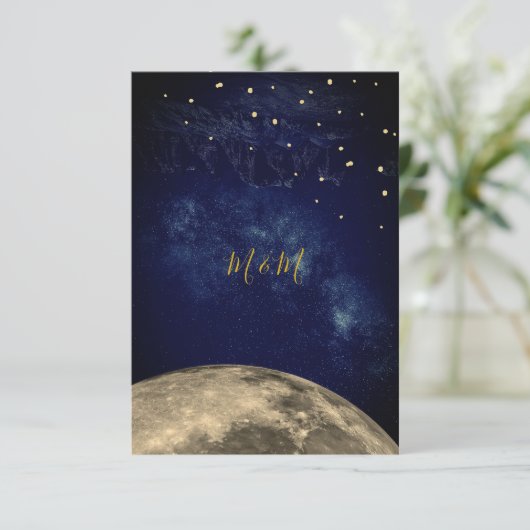 Moon and Night Sky Blue Gold Monogram RSVP (Staand voorkant)