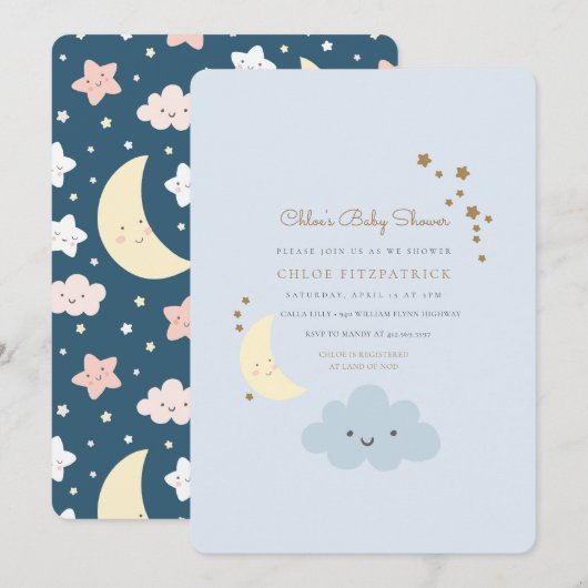 Moon and Star Baby shower Invitation Blue Kaart (Voorkant / Achterkant)
