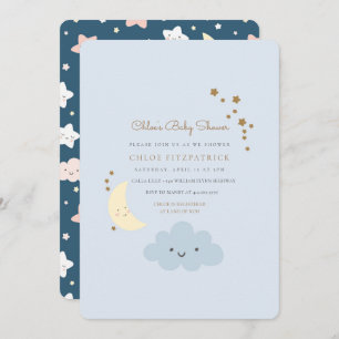 Moon and Star Baby shower Invitation Blue Kaart