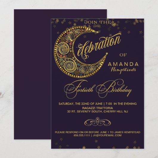 Moon and Stars 40th Birthday Party Invitation Kaart (Voorkant / Achterkant)