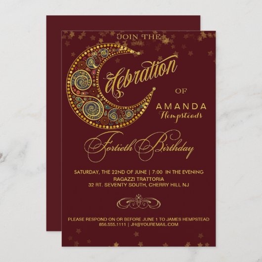 Moon and Stars 40th Birthday Party Invitation Kaart (Voorkant / Achterkant)