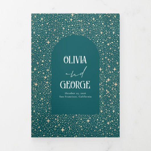 Moon and Stars Arch Hemelse Blauwgroen huwelijksfo Drieluik Uitnodiging (Cover)