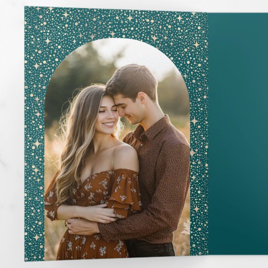 Moon and Stars Arch Hemelse Blauwgroen huwelijksfo Drieluik Uitnodiging (Binnenzijde eerst)