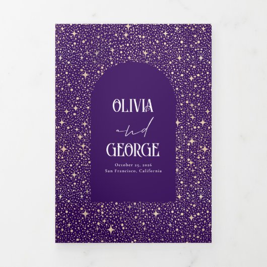 Moon and Stars Arch Hemelse Paarse huwelijksfoto Drieluik Uitnodiging (Cover)