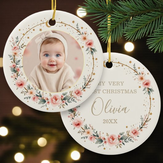 Moon and Stars Baby First Christmas Photo Keramisch Ornament