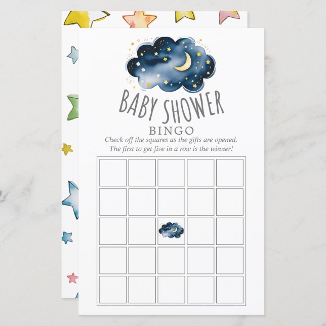Moon and Stars Baby shower Bingo Spel (Voorkant / Achterkant)
