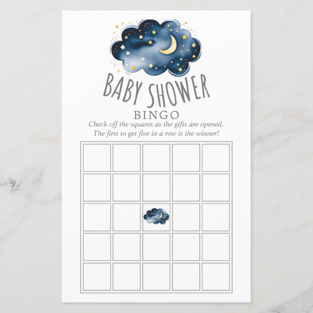 Moon and Stars Baby shower Bingo Spel (Voorkant)