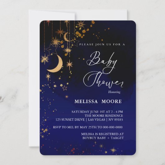 Moon and Stars Baby shower Royal Blue Kaart (Voorkant)