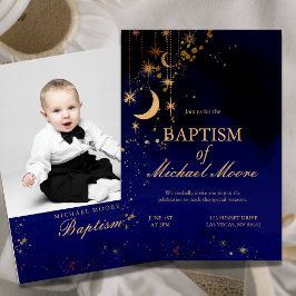 Moon and Stars Baptism Photo Invitation Kaart