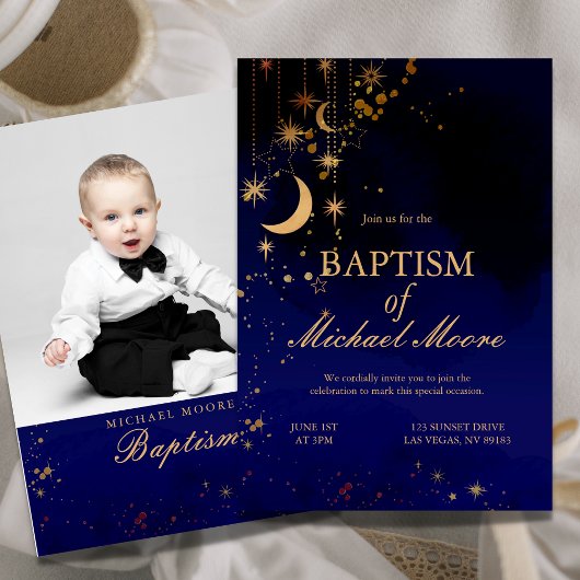 Moon and Stars Baptism Photo Invitation Kaart