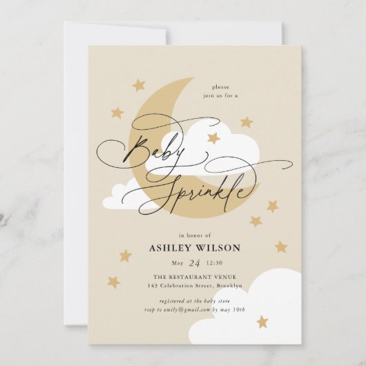 Moon and Stars Beige Elegant Script Baby Sprinkle Kaart (Voorkant)