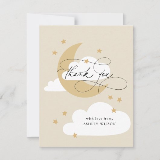 Moon and Stars Beige Gold Script Baby shower Bedankkaart (Voorkant)