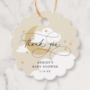 Moon and Stars Beige Script Baby shower Hartelijk  Bedankjes Labels