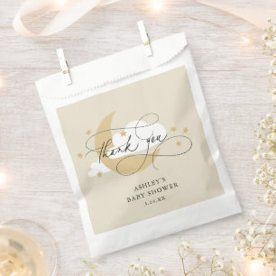 Moon and Stars Beige Script Baby shower Hartelijk  Bedankzakje