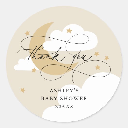 Moon and Stars Beige Script Baby shower Hartelijk Ronde Sticker (Voorkant)