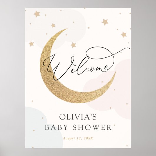 Moon and Stars Blue and Pink Baby shower Welcome Poster (Voorkant)