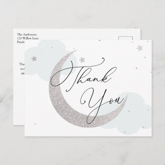 Moon and Stars Blue Baby shower Bedankt Briefkaart (Voorkant / Achterkant)