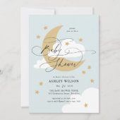 Moon and Stars Blue Elegant Script Baby shower Kaart (Voorkant)
