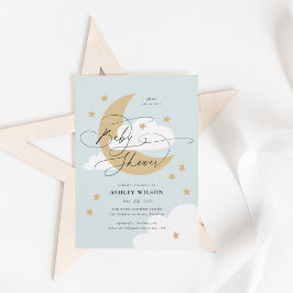 Moon and Stars Blue Elegant Script Baby shower Kaart