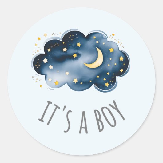 Moon and Stars Blue Het is een Baby shower voor jo Ronde Sticker (Voorkant)