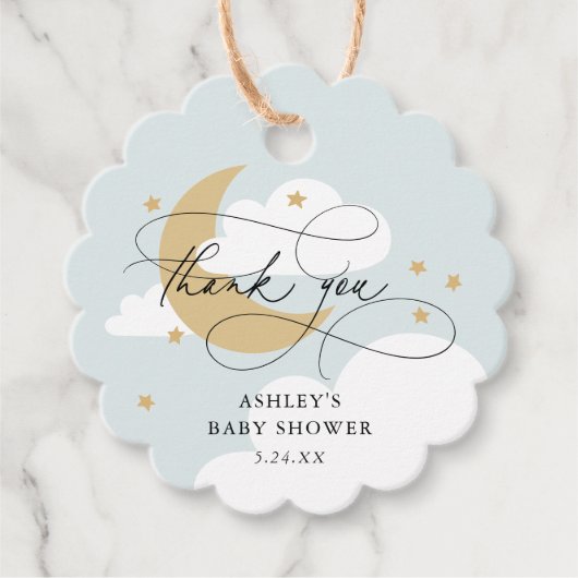 Moon and Stars Blue Script Baby shower Bedankt Bedankjes Labels (Voorkant)