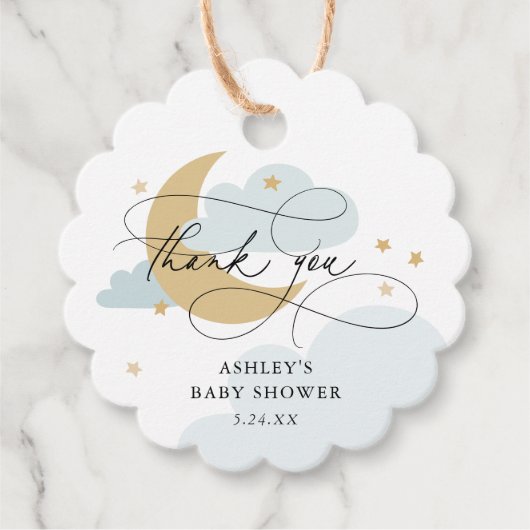 Moon and Stars Blue Script Baby shower Bedankt Bedankjes Labels (Voorkant)