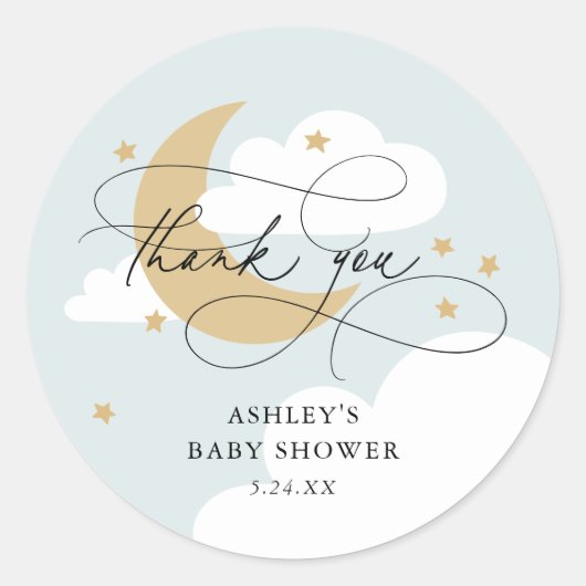 Moon and Stars Blue Script Baby shower Bedankt Ronde Sticker (Voorkant)