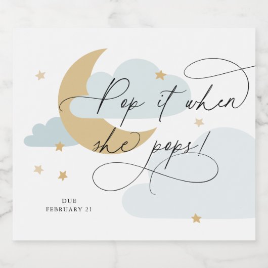 Moon and Stars Blue Script Pop it at Pop ch Sparkling Wijnetiket (Enkel label)