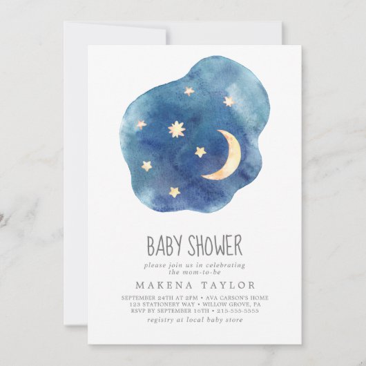 Moon and Stars Boy Baby shower Invitation Kaart (Voorkant)