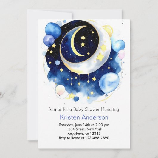Moon and Stars Celestial Blue Boy Baby shower Kaart (Voorkant)