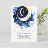 Moon and Stars Celestial Blue Boy Baby shower Kaart (Staand voorkant)