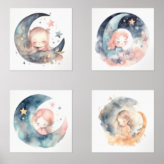 Moon and Stars Celestial Prints voor Meisjes Kamer (Voorkant)