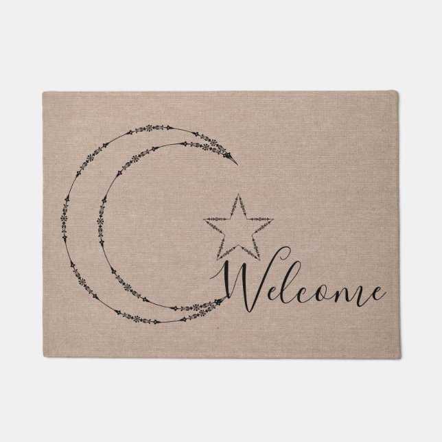 Moon and stars celestial Welcome faux burlap Deurmat (Voorkant)