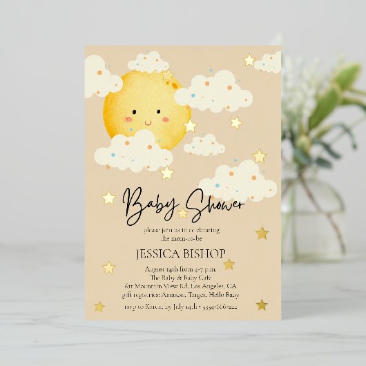 Moon and Stars Cream Baby shower Folie Uitnodiging (Staand Voorkant)